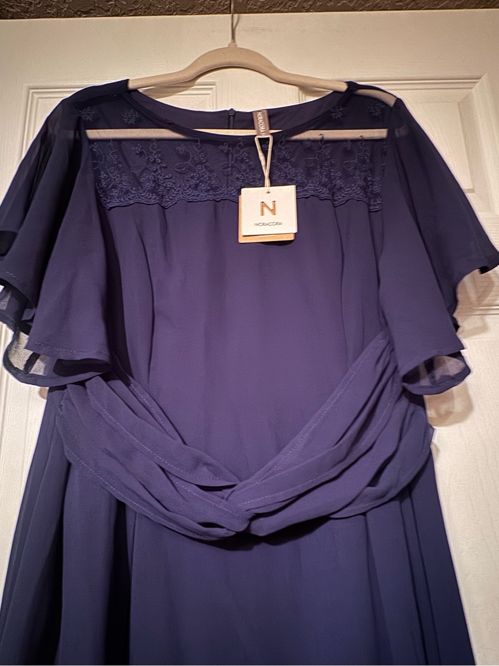NWT Noracora Sz XL Navy Blue Midi Dress with Flutter Chiffon and Lace - Picture 5 of 12